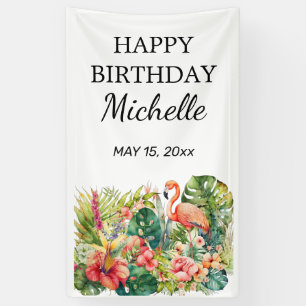 Tropische Floral Flamingo Happy Birthday Name Spandoek