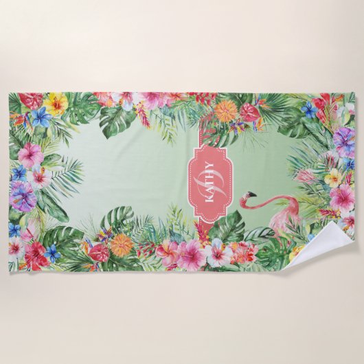 Tropische Floral Flamingo Waterverf Monogram Naam Strandlaken (Voorkant)