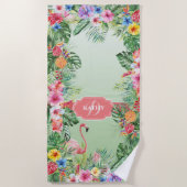 Tropische Floral Flamingo Waterverf Monogram Naam Strandlaken (Voorkant)