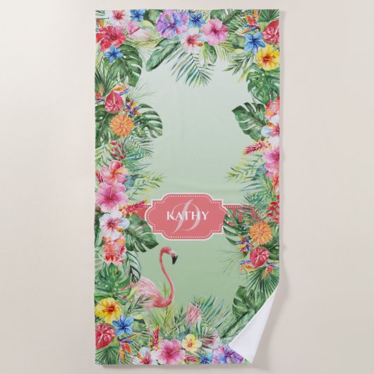 Tropische Floral Flamingo Waterverf Monogram Naam Strandlaken (Voorkant)