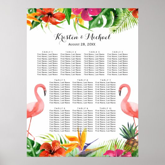 Tropische Floral Flamingo Wedding Seding Chart Poster (Voorkant)