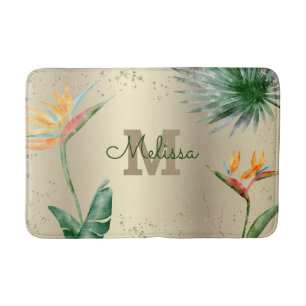Tropische Floral Foliage Monogram Script Gold Foil Badmat