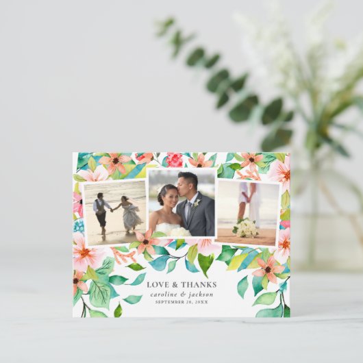 Tropische Floral Foto Collage Weddenschap Bedankt Briefkaart (Staand voorkant)