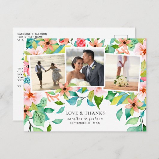 Tropische Floral Foto Collage Weddenschap Bedankt Briefkaart (Voorkant / Achterkant)