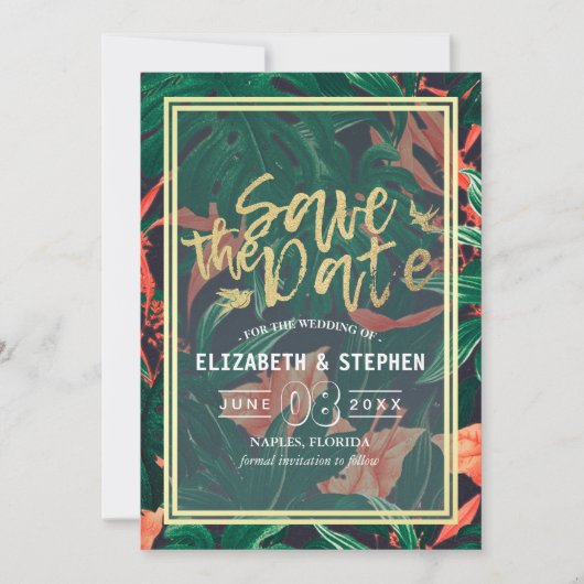 Tropische Floral & Gold Lijst Wedding Save the Dat Save The Date (Voorkant)