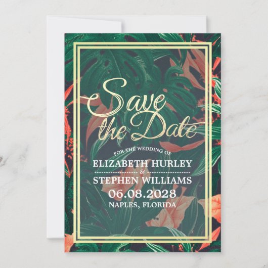 Tropische Floral & Gold Lijst Wedding Save the Dat Save The Date (Voorkant)