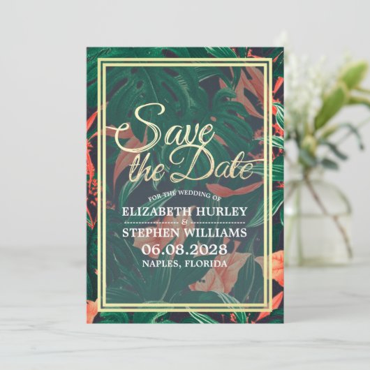 Tropische Floral & Gold Lijst Wedding Save the Dat Save The Date (Staand voorkant)
