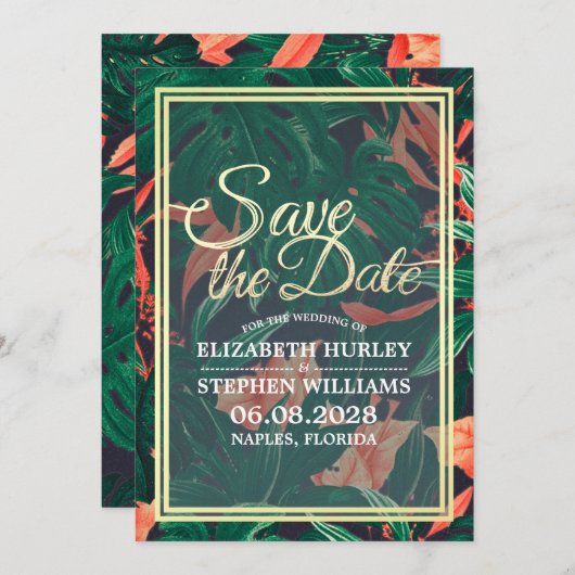 Tropische Floral & Gold Lijst Wedding Save the Dat Save The Date (Voorkant / Achterkant)