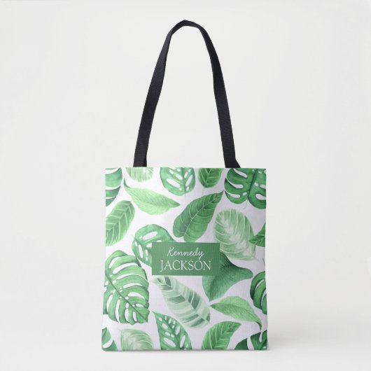 Tropische Floral Green laat Greenery Monogram Tote Bag (Voorkant)