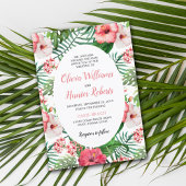 Tropische Floral Green Palm Pink Hibiscus Weddensc Kaart