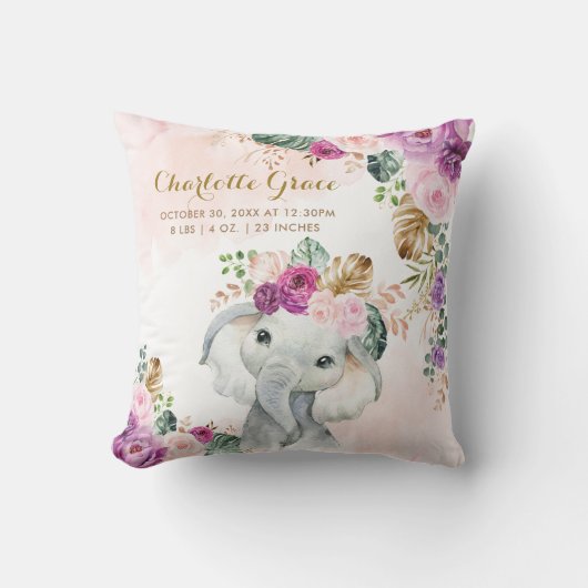 Tropische Floral Greenery Elephant Baby Birth Stat Kussen (Voorkant)