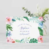 Tropische Floral Hawaii Peony Pink Green Bridesmai Kaart (Staand voorkant)