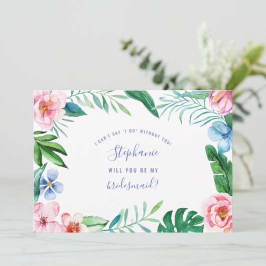 Tropische Floral Hawaii Peony Pink Green Bridesmai Kaart (Staand voorkant)