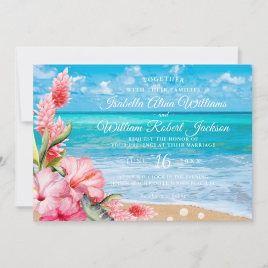 Tropische Floral Hibiscus Beach Weddenschap Kaart (Voorkant)