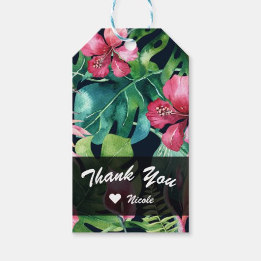 Tropische Floral Hibiscus en Palm Leaves Hawaiian Cadeaulabel (Voorkant)