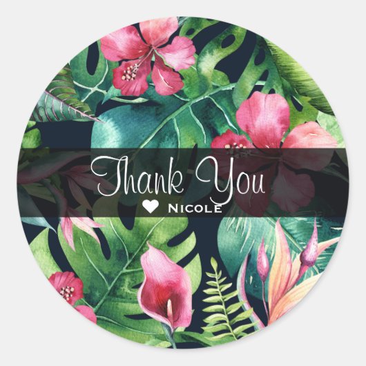 Tropische Floral Hibiscus en Palm Leaves Hawaiian Ronde Sticker (Voorkant)