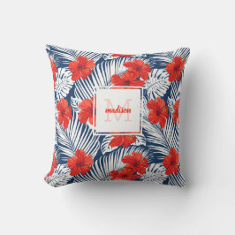 Tropische Floral Hibiscus Flower Custom Monogram Buitenkussen