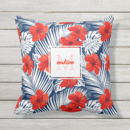 Tropische Floral Hibiscus Flower Custom Monogram Buitenkussen