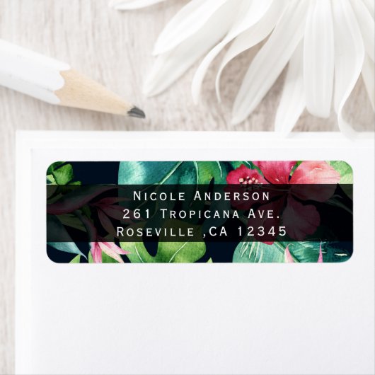 Tropische Floral Hibiscus Leaves Summer Invitation Etiket (Insitu)