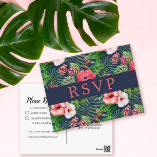 Tropische Floral Hibiscus Navy Wedding RSVP Briefkaart