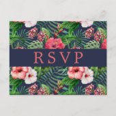Tropische Floral Hibiscus Navy Wedding RSVP Briefkaart (Voorkant)