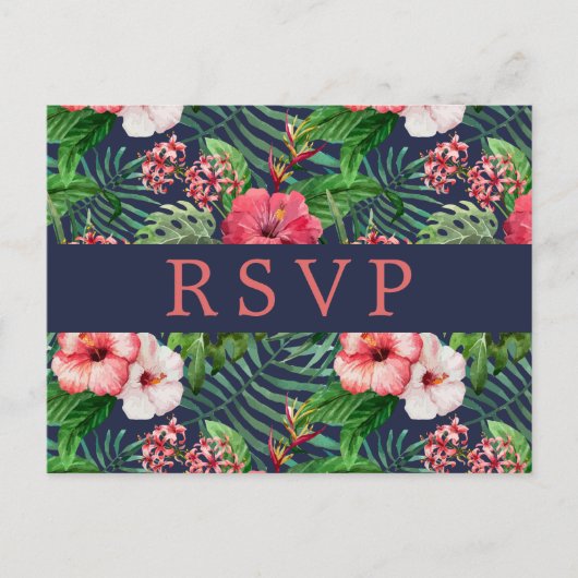 Tropische Floral Hibiscus Navy Wedding RSVP Briefkaart (Voorkant)