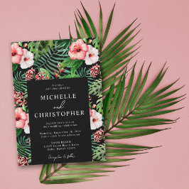 Tropische Floral Hibiscus Wedding Modern Black Kaart