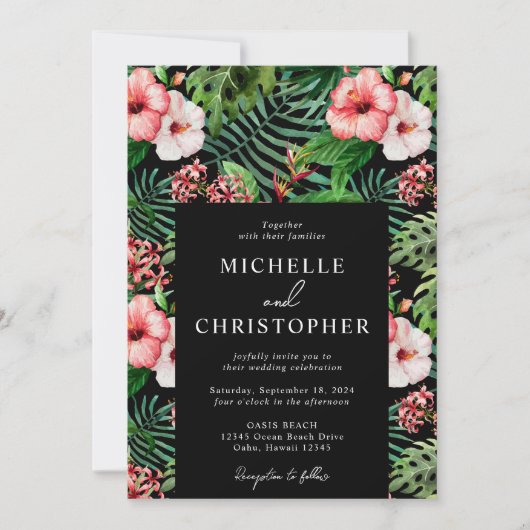 Tropische Floral Hibiscus Wedding Modern Black Kaart (Voorkant)