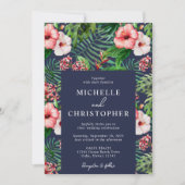 Tropische Floral Hibiscus Wedding Modern Navy Blue Kaart (Voorkant)