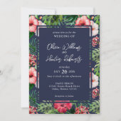 Tropische Floral Hibiscus Wedding Navy Blue Kaart (Voorkant)