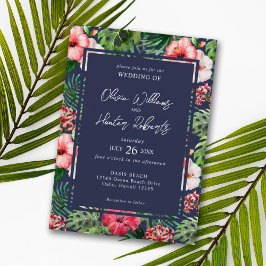 Tropische Floral Hibiscus Wedding Navy Blue Kaart