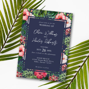 Tropische Floral Hibiscus Wedding Navy Blue Kaart
