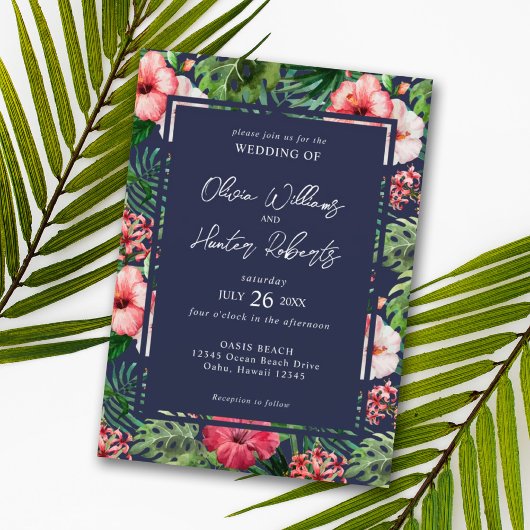 Tropische Floral Hibiscus Wedding Navy Blue Kaart