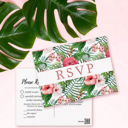 Tropische Floral Hibiscus Wedding RSVP Meal Choice Briefkaart