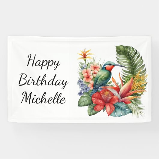Tropische Floral Hummingbird Birthday Name Spandoek (Horizontaal)
