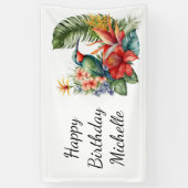 Tropische Floral Hummingbird Birthday Name Spandoek (Verticaal)
