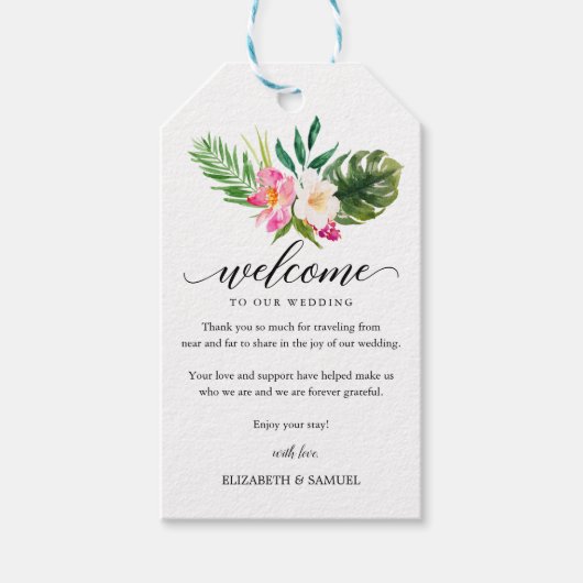 Tropische Floral Leaves Wedding Calligraphy Welcom Cadeaulabel (Voorkant)