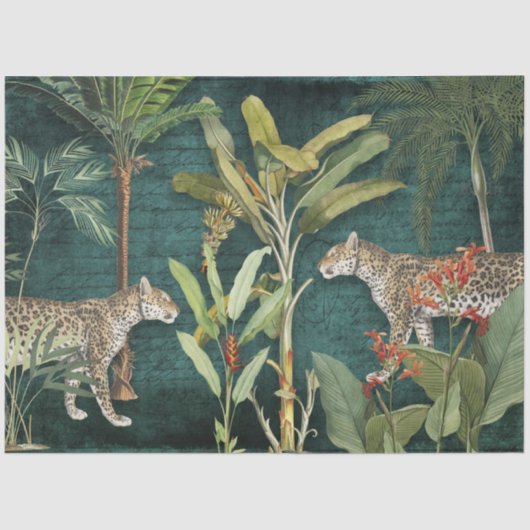 Tropische Floral Leopard Oerwoud Blauwgroen Blauwe Tissuepapier (Voorkant)