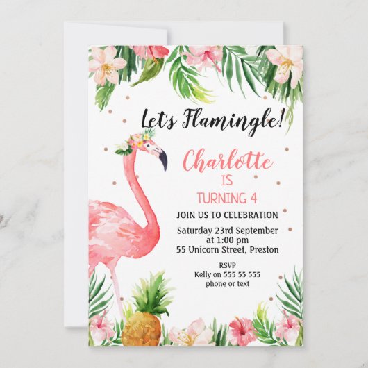 Tropische Floral Let's Flamingle Birthday Kaart (Voorkant)