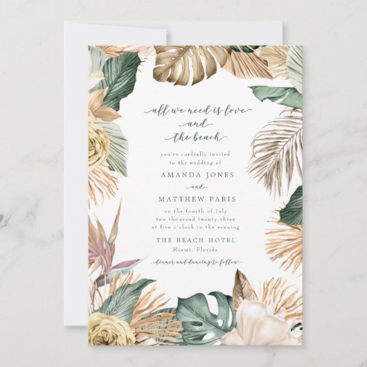 Tropische Floral Love en Beach Wedding Invite (Voorkant)