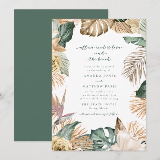 Tropische Floral Love en Beach Wedding Invite (Voorkant / Achterkant)