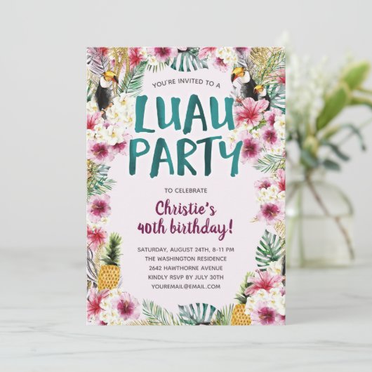 Tropische Floral Luau Birthday Party Kaart (Staand voorkant)