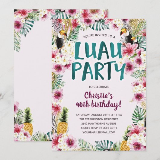 Tropische Floral Luau Birthday Party Kaart (Voorkant / Achterkant)