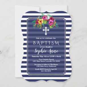 Tropische Floral Luau Navy Blue Baptism Invite Kaart