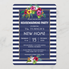 Tropische Floral Luau Navy Blue Housewarming Party Kaart