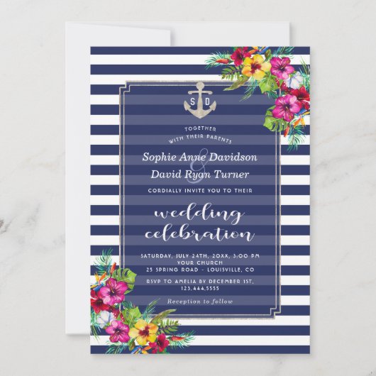 Tropische Floral Luau Navy Blue Stripes Wedding Kaart (Voorkant)