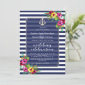Tropische Floral Luau Navy Blue Stripes Wedding Kaart (Staand voorkant)