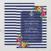 Tropische Floral Luau Navy Blue Stripes Wedding Kaart (Voorkant / Achterkant)