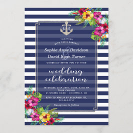 Tropische Floral Luau Navy Blue Stripes Wedding Kaart