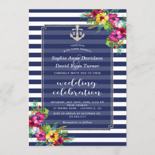 Tropische Floral Luau Navy Blue Stripes Wedding Kaart
